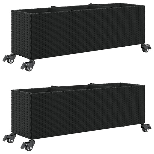 Jardineras Con Ruedas 2 Uds Ratán Sintético Negro 107x32x38 Cm_0