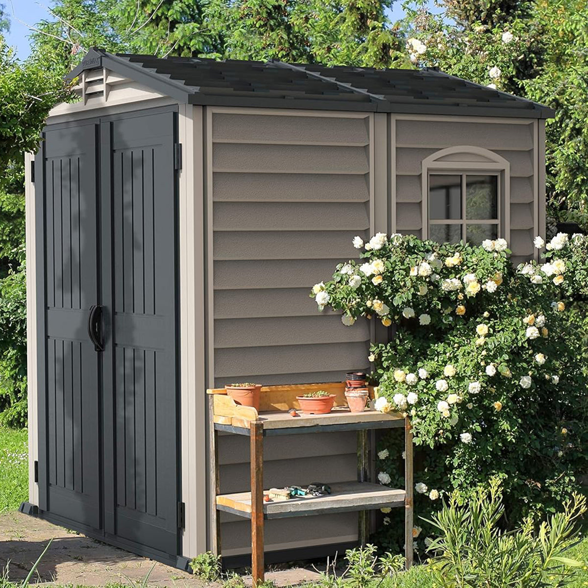 Caseta Jardín Pvc 191×191×213 Cm Suelo Incluido Adobe/antracita_2