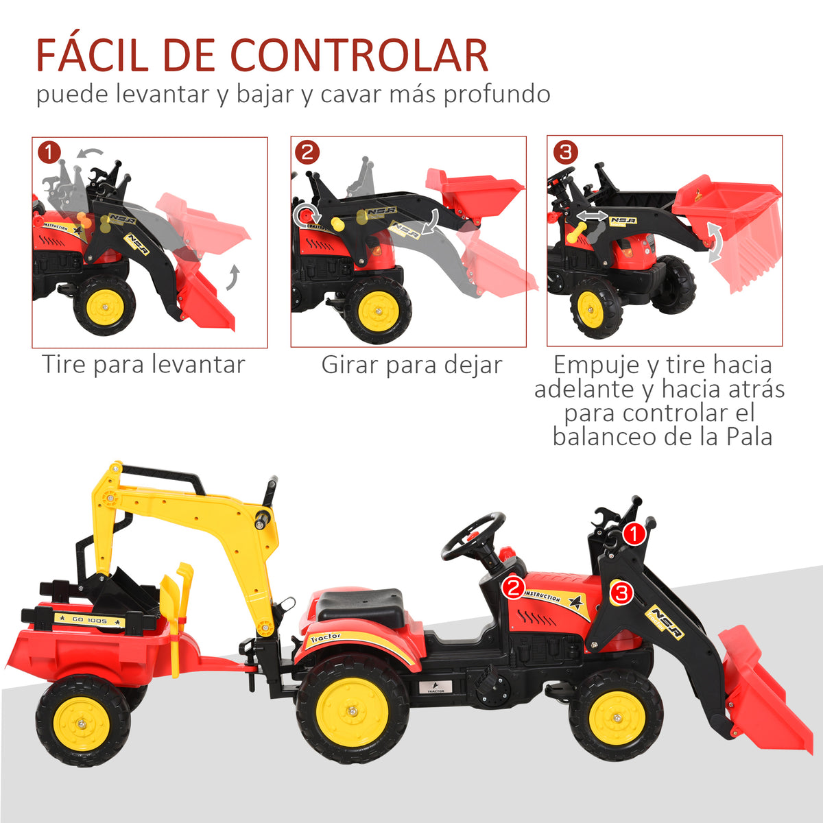 Homcom Tractor A Pedales Con Remolque Y Palas Para +3 Años 179x42x59 Cm Rojo_5