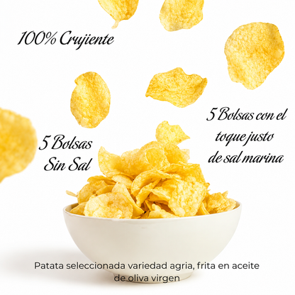 Patatas Fritas Artesanas | Pack Patatas Con Aceite De Oliva Virgen | 5x120g Bolsas Con Sal Marina + 5x14og Sin Sal_1