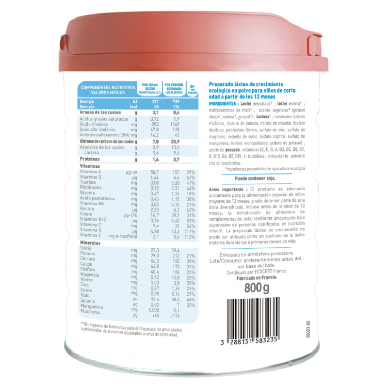 Pack 3 uds Leche Crecimiento Primea 3 (de 12 meses a 3 años) Ecológica Babybio 800 g