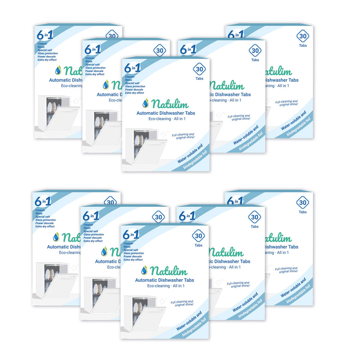 Pack 10x Eco Pastillas 6 en 1 Lavavajillas, Natulim, 30 unidades