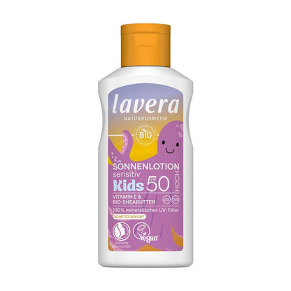 Loción solar Niños Sensitiv SPF 50 Vitamina E &amp; manteca de karité Bio, Lavera, 100 ml