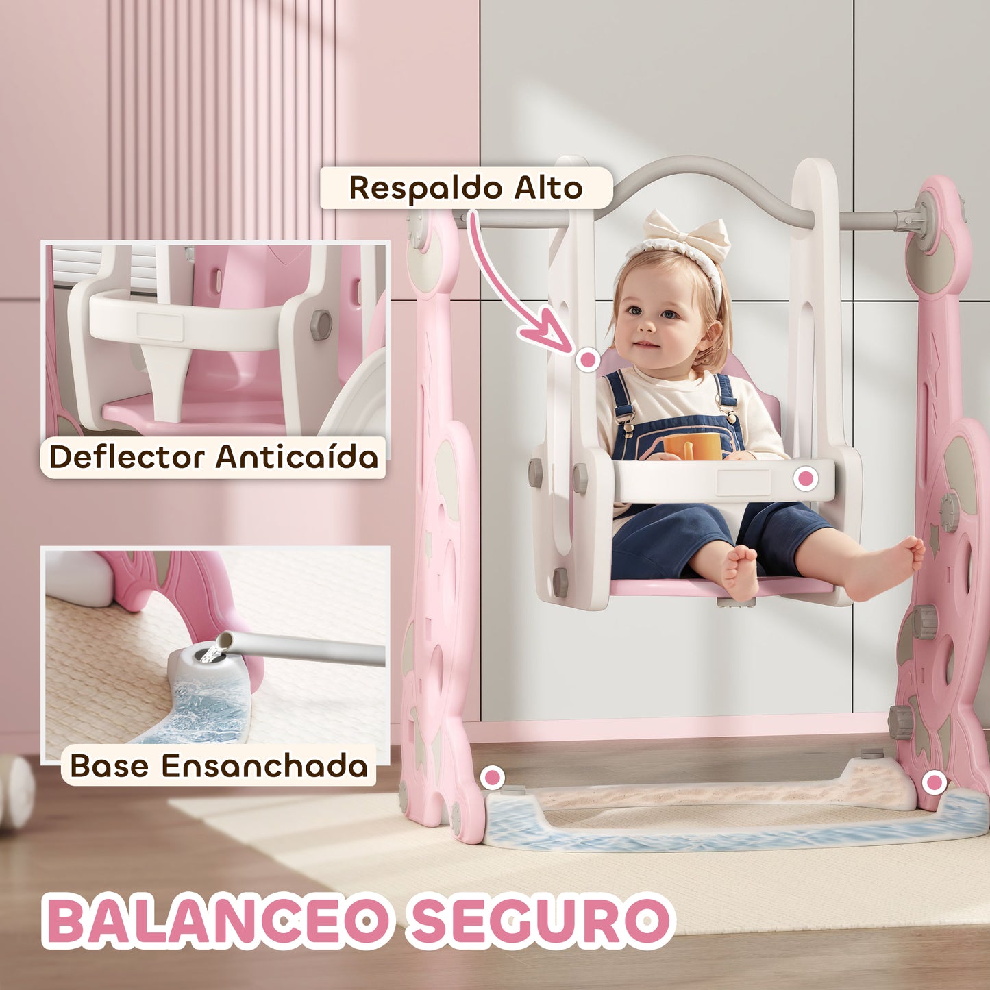 Aiyaplay Tobogán Infantil 4 En 1 Con Columpio Y Tobogán Para Interior Rosa_5