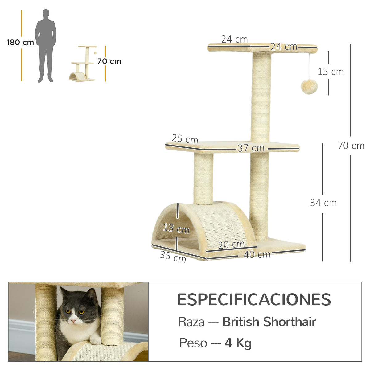 Pawhut Árbol Rascador Para Gatos Mediano De 3 Niveles Con Postes De Sisal Crema_2