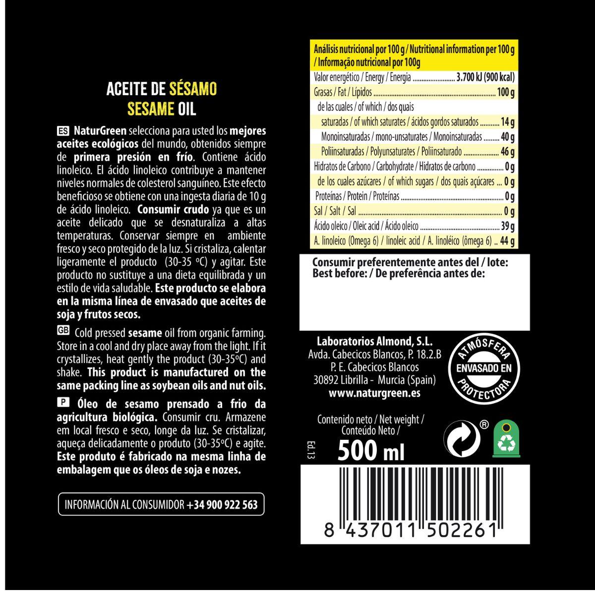 Aceite de Sésamo BIO  NaturGreen. 250 ml