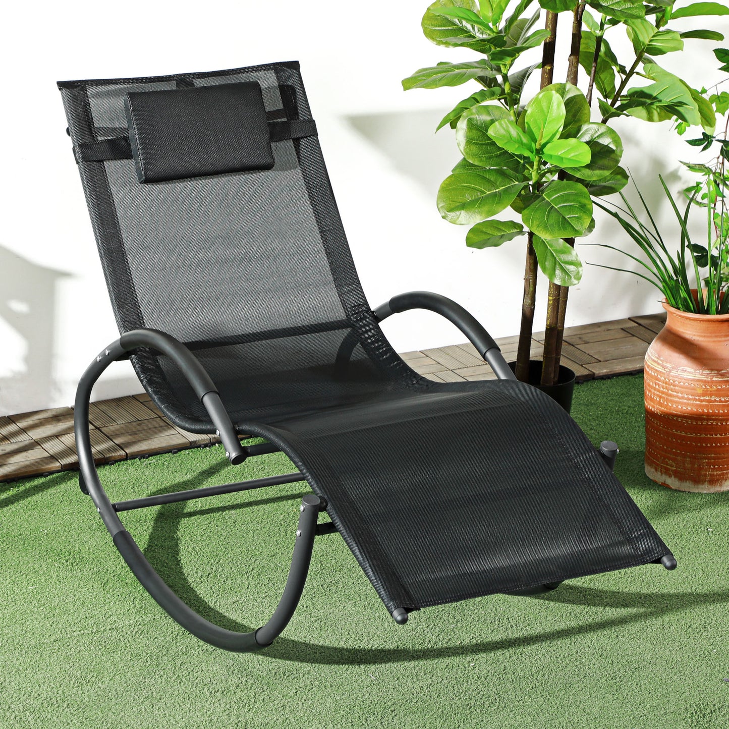 Outsunny Mecedora De Exterior Con Reposacabezas Reposabrazos 155x61x88 Cm Negro_1