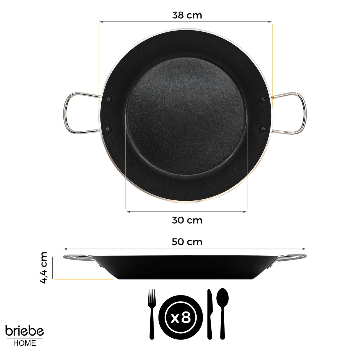 Briebe Paellera Inducción 38cm, 7-8 Raciones, Aluminio Prensado, Antiadherente Sin Pfoa, 3mm Espesor, Zafrán, Negro_5