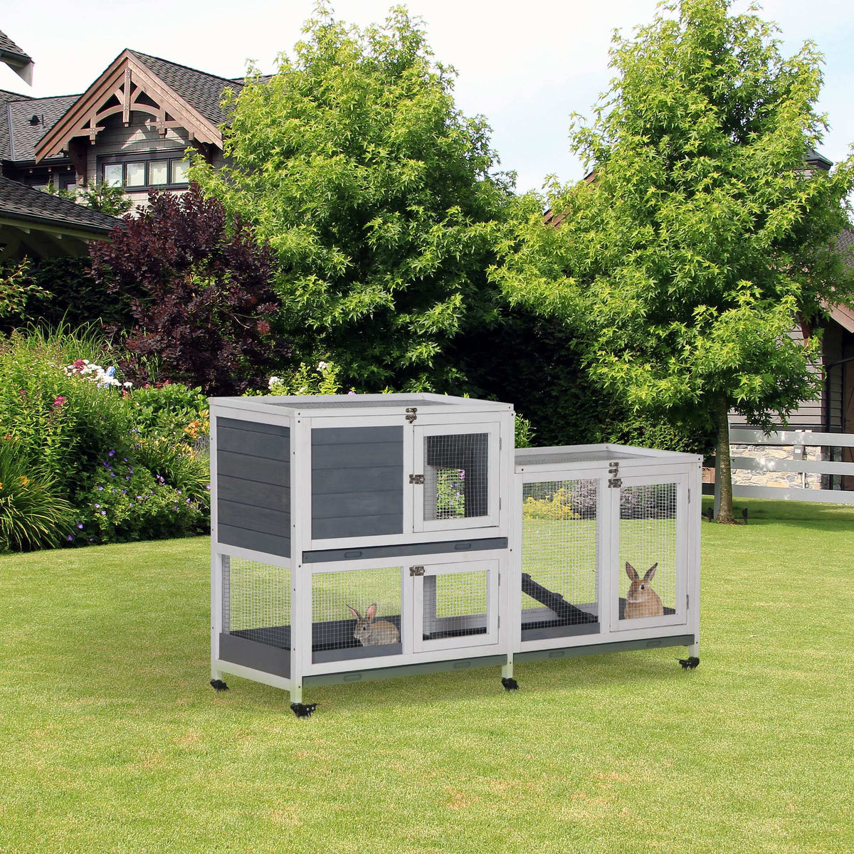 Conejera De Madera Con Ruedas De 2 Niveles Pawhut 147x45,5x88,5cm Gris_1