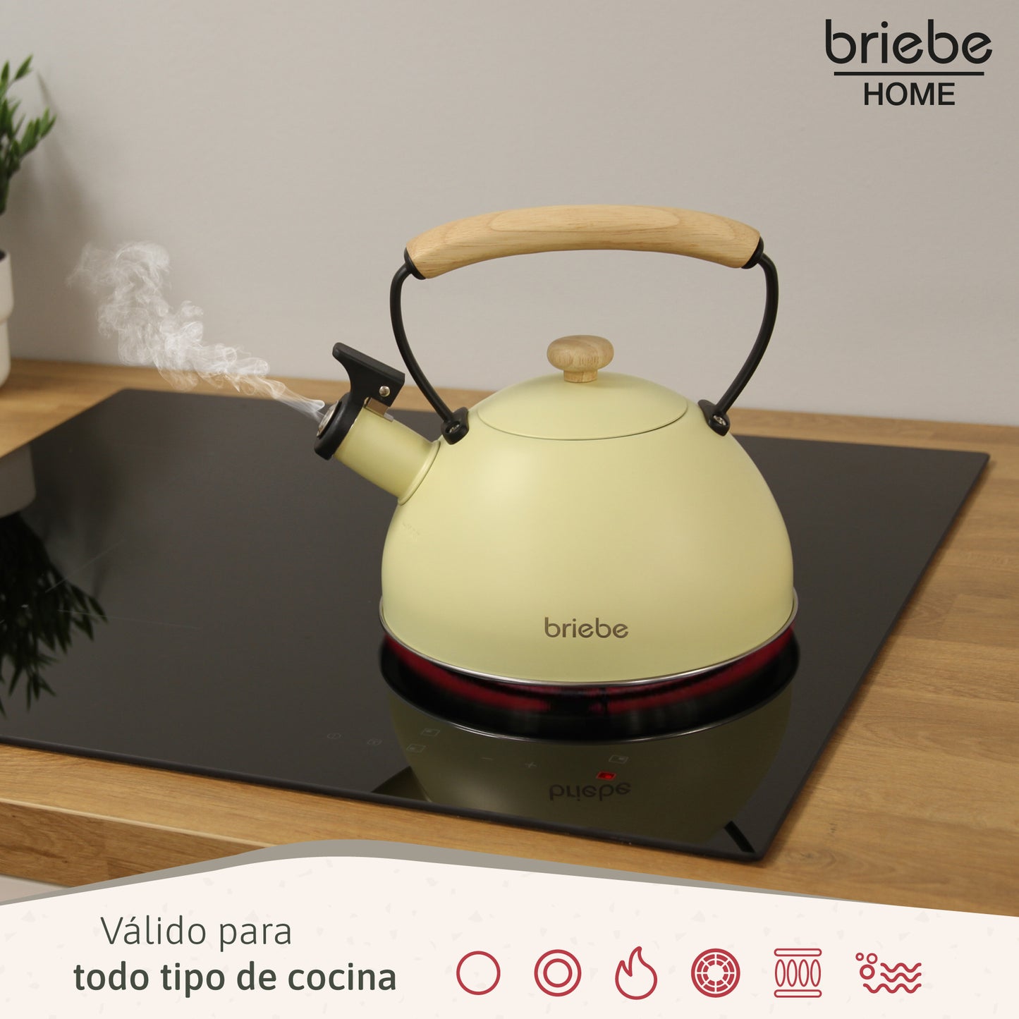 Briebe Tetera Con Silbato, Hervidor De Agua 2,3l, Inducción, Acero Inox, Vintage, Mango Madera, Pastel, Amarillo_2