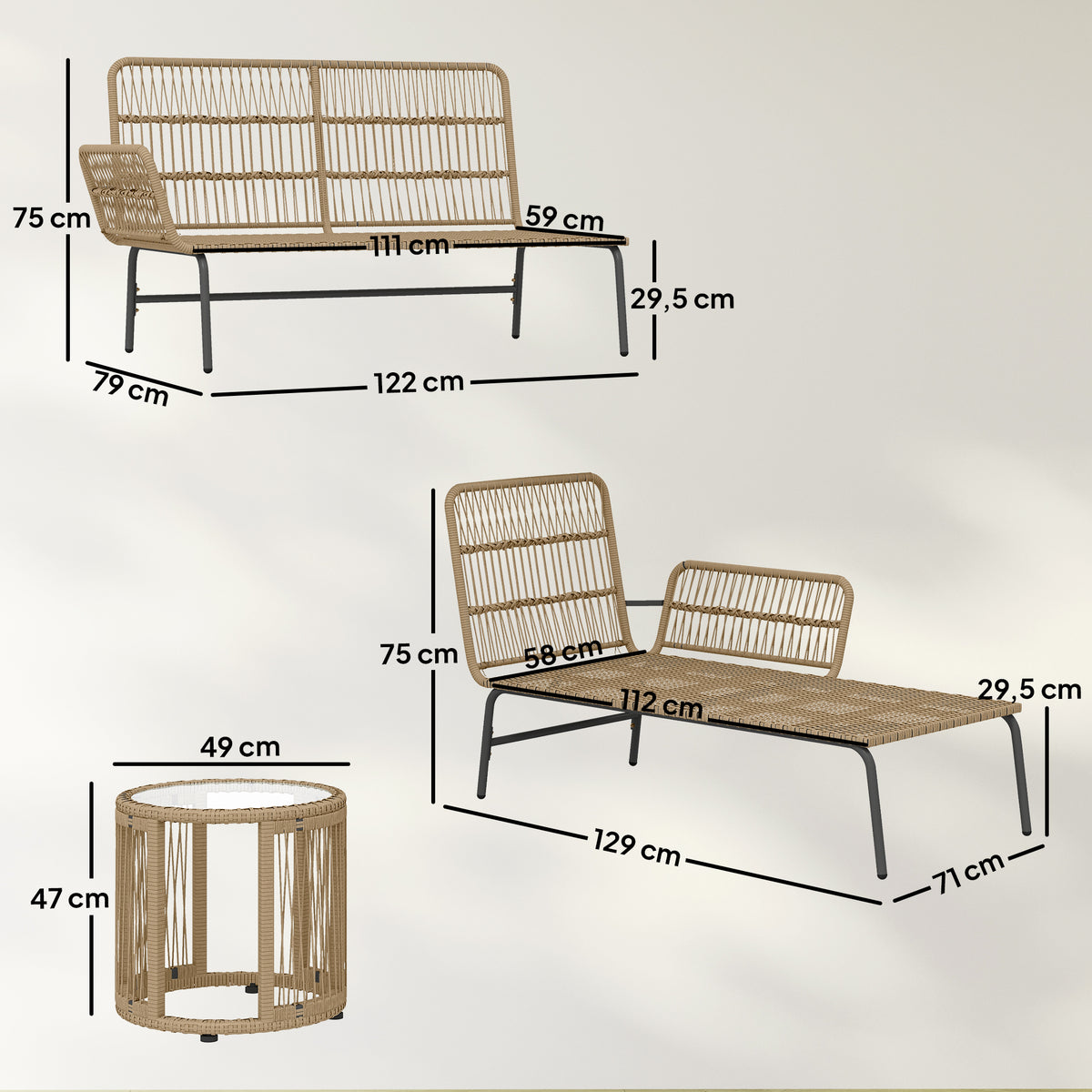 Muebles De Jardín Ratán Outsunny Con Cojines Crema Para Patio_2