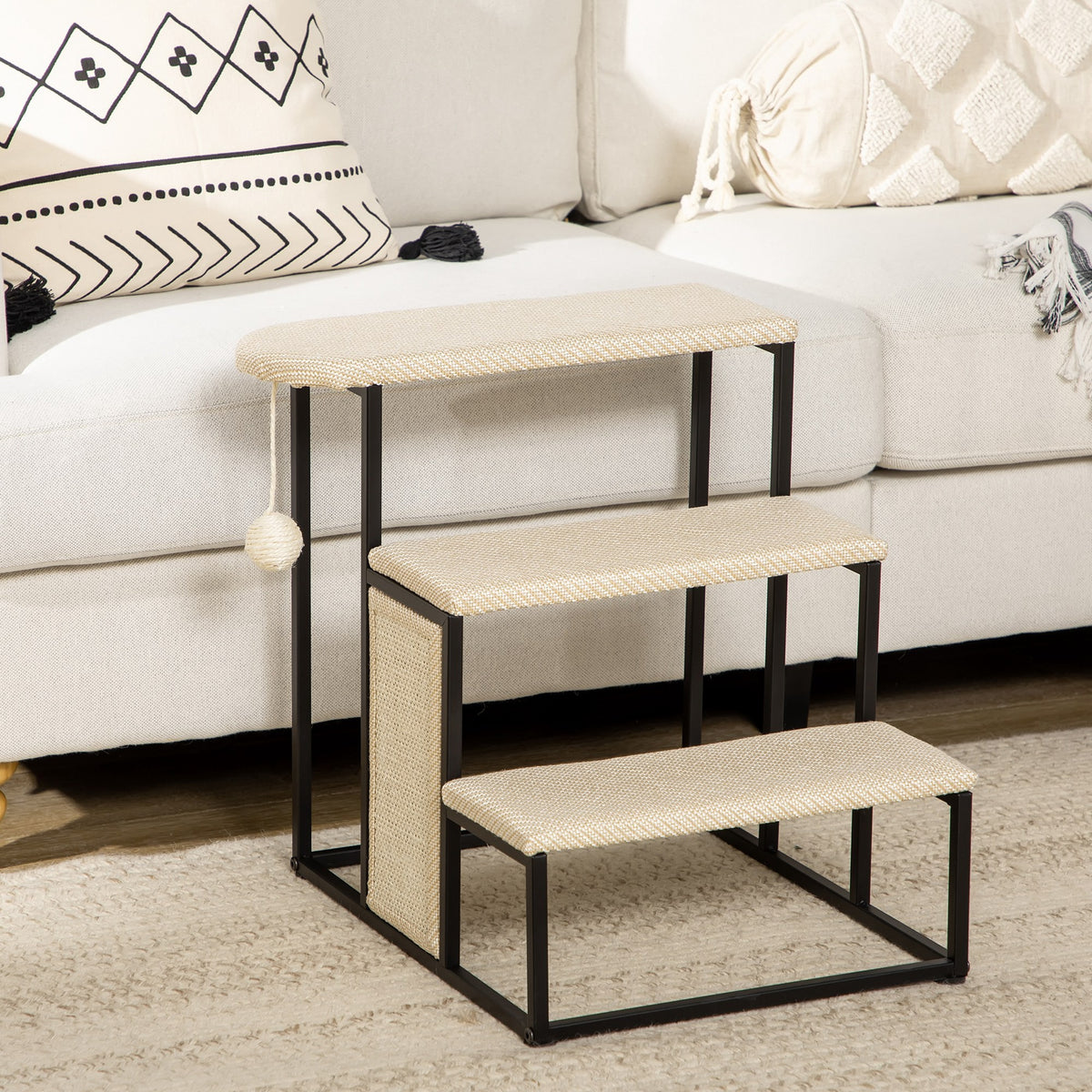 Pawhut Escalera Para Perros De 3 Niveles Con Bola Colgante 47x45x47 Cm Crema_1