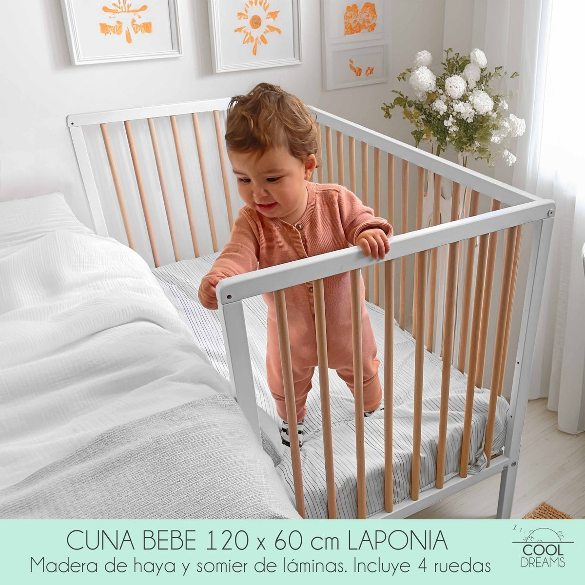 Cuna De Bebé Laponia Estilo Nórdico Natural 120x60 Cm Madera De Haya Con Colchón Helios Y Funda Impermeable_1