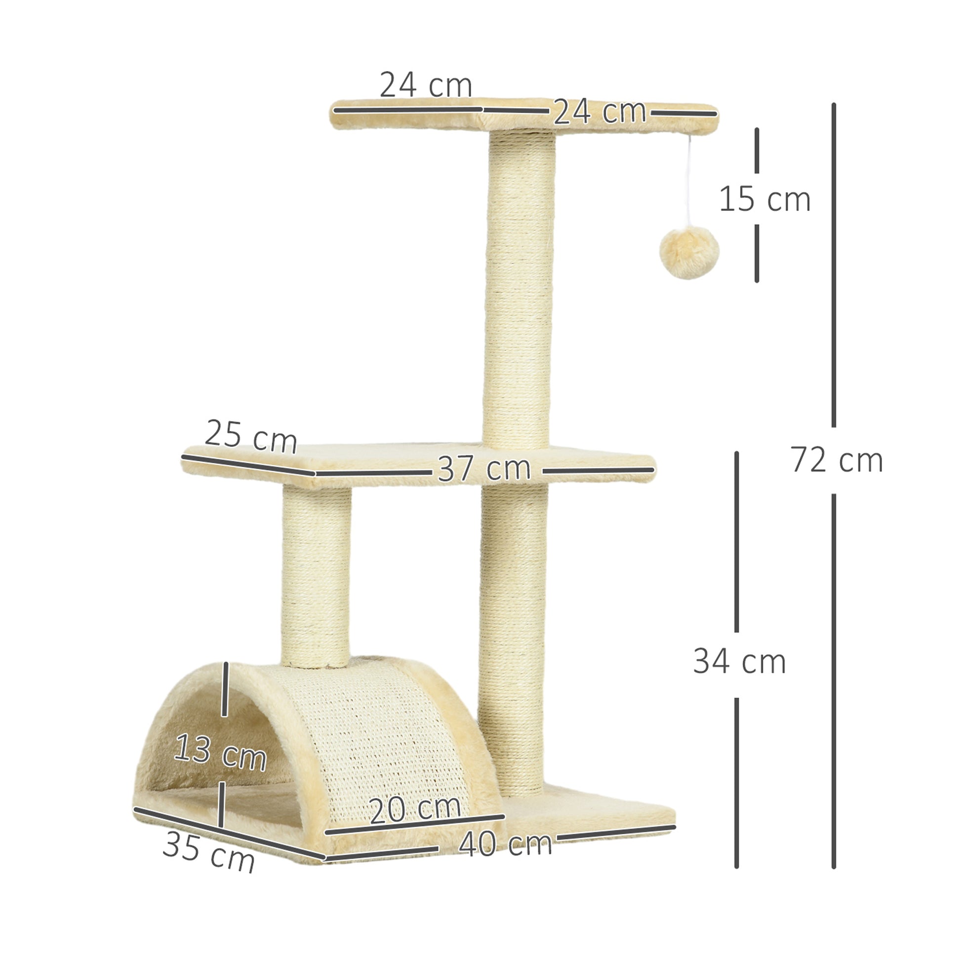 Pawhut Árbol Rascador Para Gatos Mediano De 3 Niveles Con Postes De Sisal Crema_2