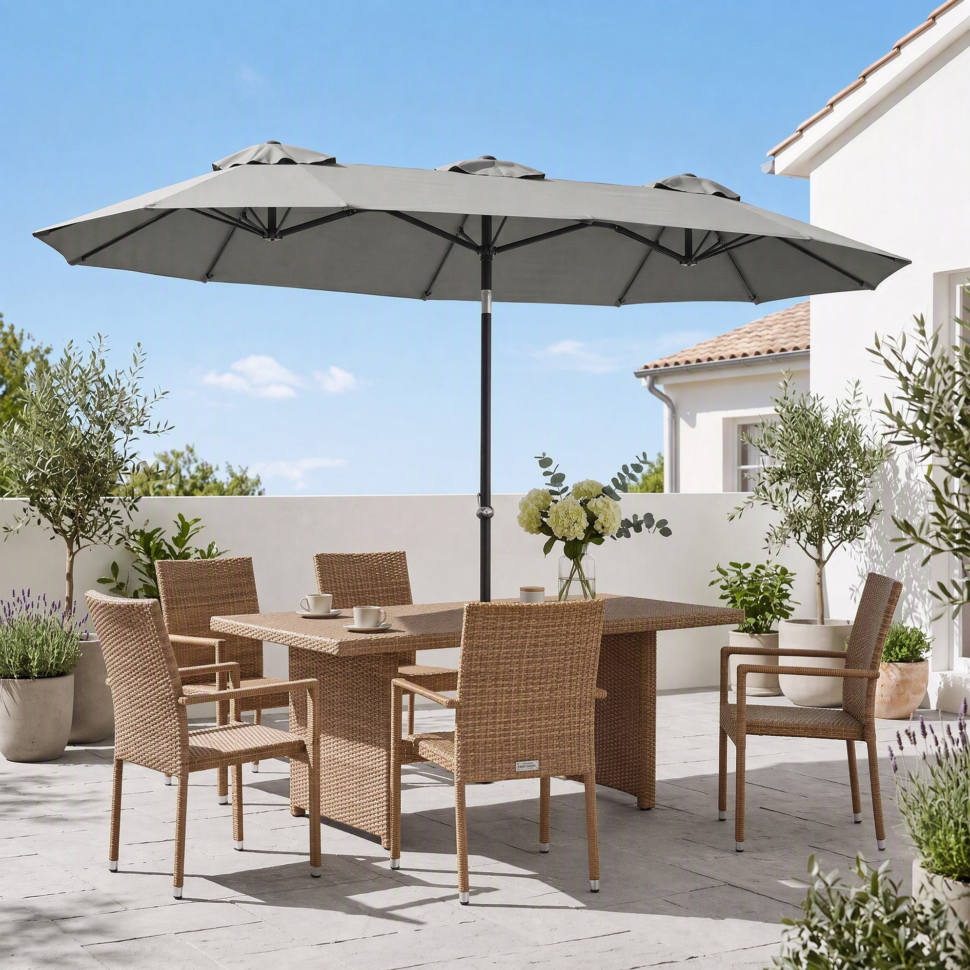 Outsunny Sombrilla Doble 3x1,5m Con Inclinación De 45° Manivela Gris_1