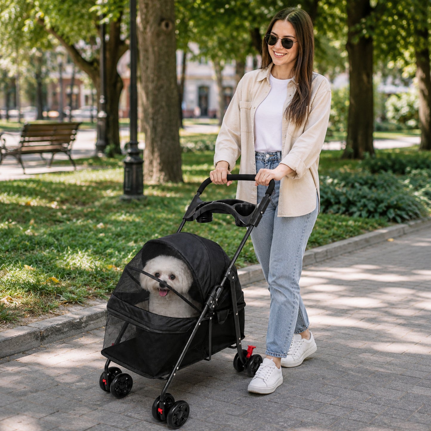 Carrito Plegable Mascotas 97x69x49cm Nyana Pets | 4 Ruedas Freno | Carro Para Perro O Gato | Transportin Para 18kg_5