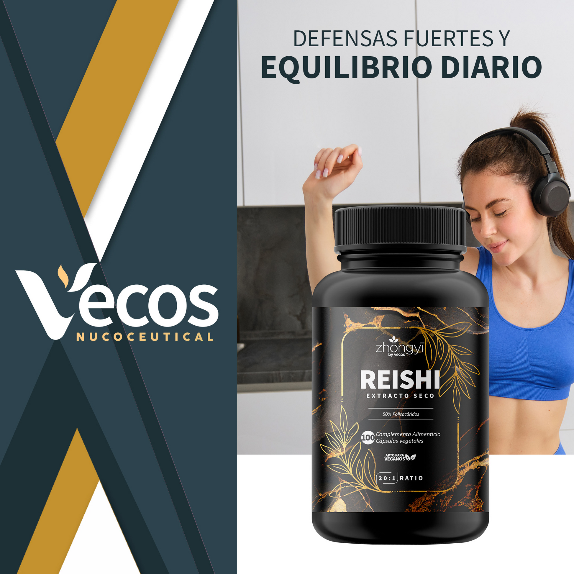 Reishi Extracto 20:1 Vecos 100 Cápsulas | Activa Defensas Y Bienestar | 50% Polisacáridos_1