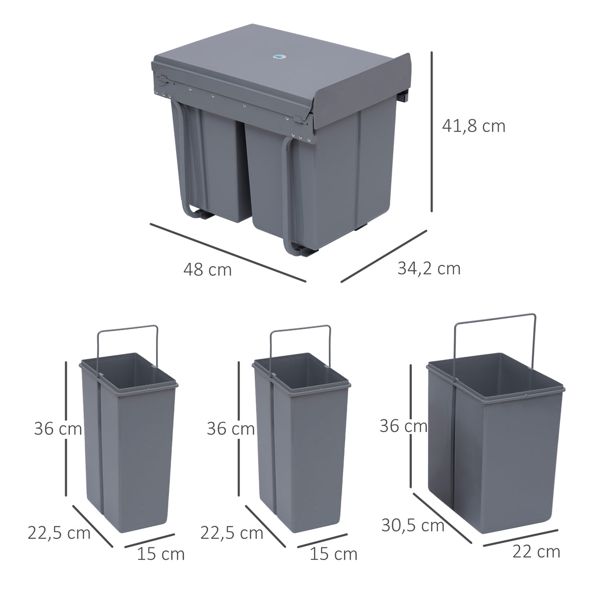 Cubo De Lixo De Reciclagem Homcom Cinza Abs, Plástico Pp, Metal 48x34,2x41,8cm_2