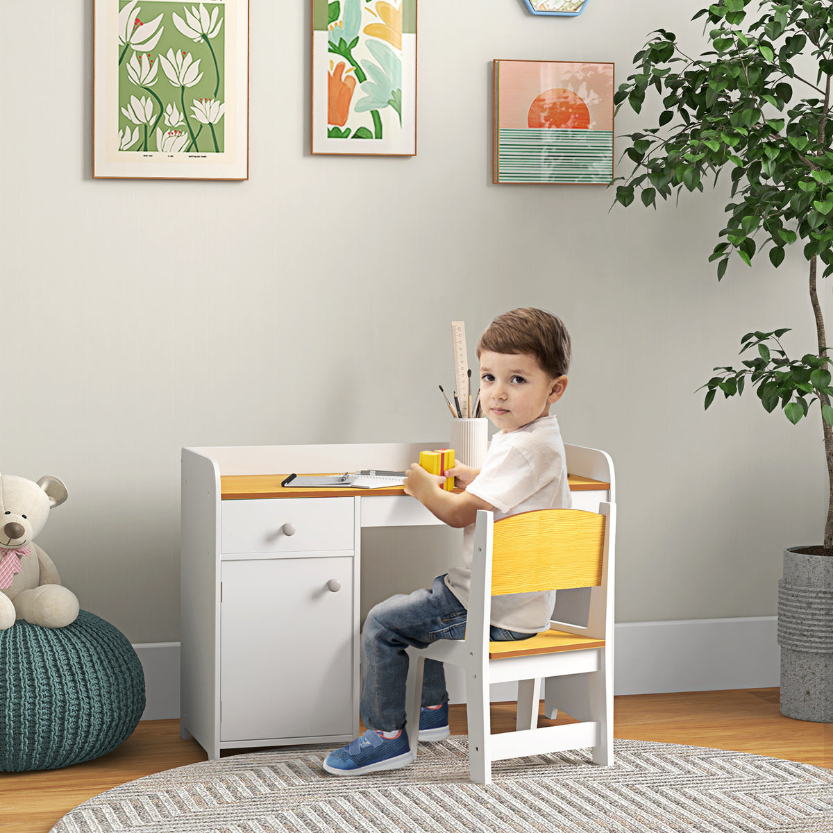 Secretária E Cadeira Para Crianças Zonekiz Mdf Branco E Natural 80x39x59 Cm_1