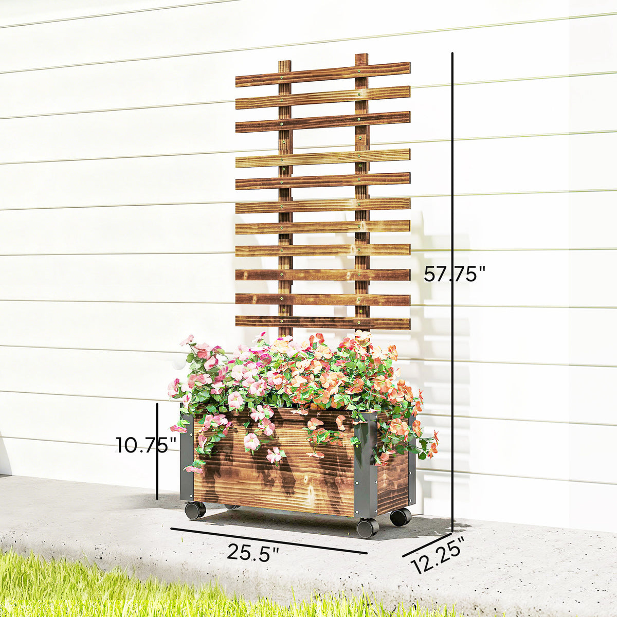 Outsunny Jardinera Con Ruedas Y Celosía 65x31x147 Cm Carbonizado_2