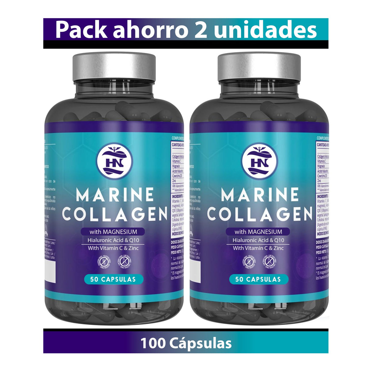 Pack 2 X Colágeno Marino Hidrolizado Con Ácido Hialurónico, Vitamina C, Q10, Zinc Y Magnesio - 2 X 50 Cápsulas_0