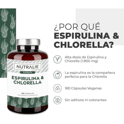 Nutralie Espirulina &amp; Chlorella 1800mg energía y fuerza 180 cápsulas
