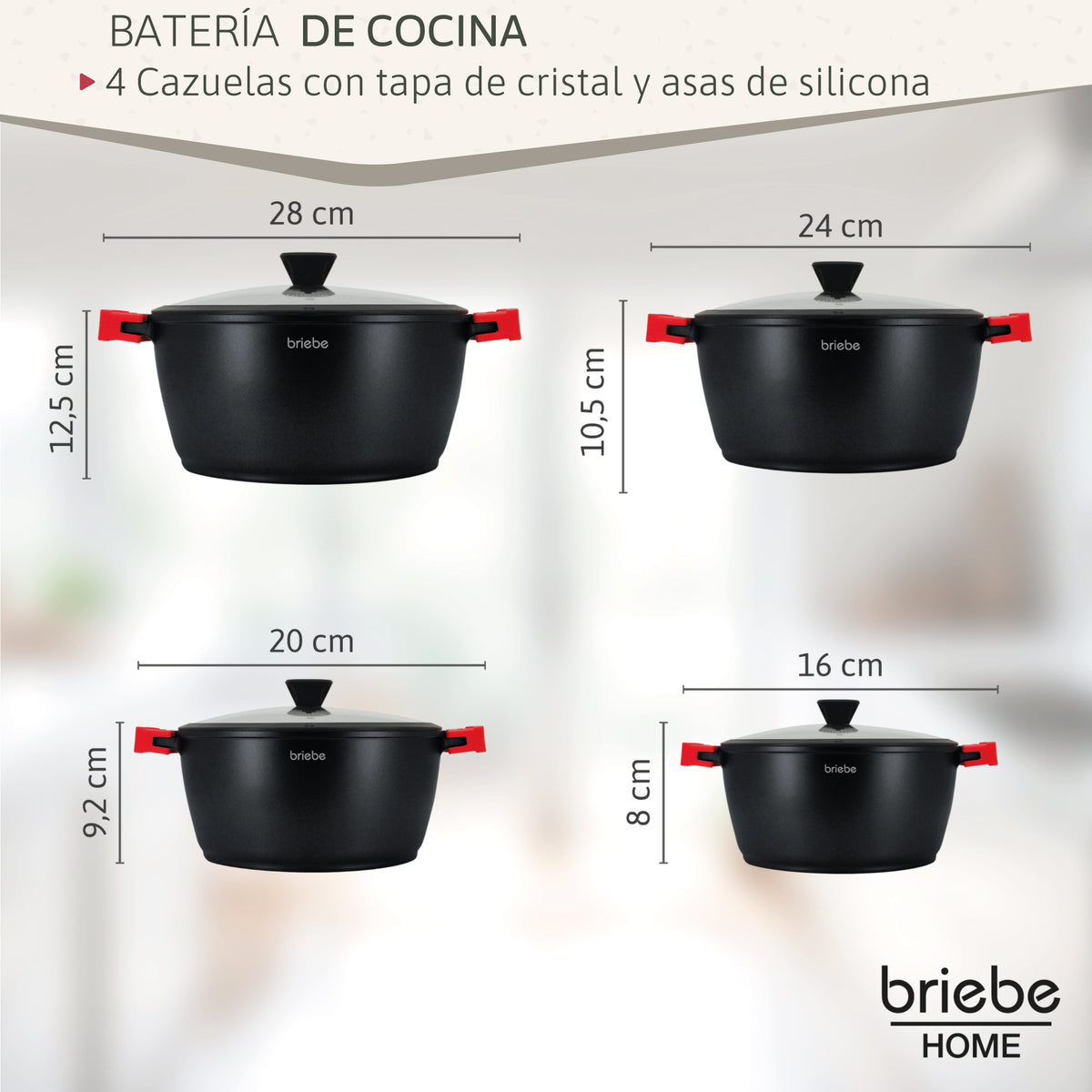 Briebe Batería Cocina Inducción Antiadherente Titanio, 8 Piezas Aluminio Fundido 4 Ollas Sin Pfoa Tapa, Blackt4, Negro_2