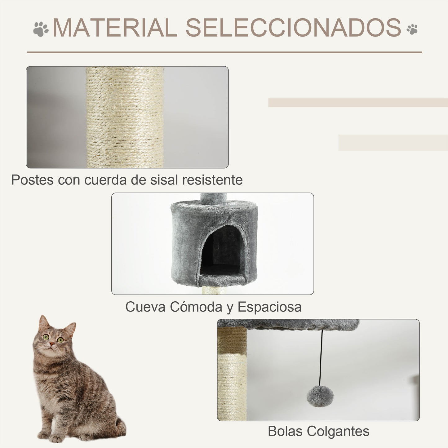Pawhut Árbol Rascador Para Gatos Altura 255 Cm Cueva Bola Colgante_5