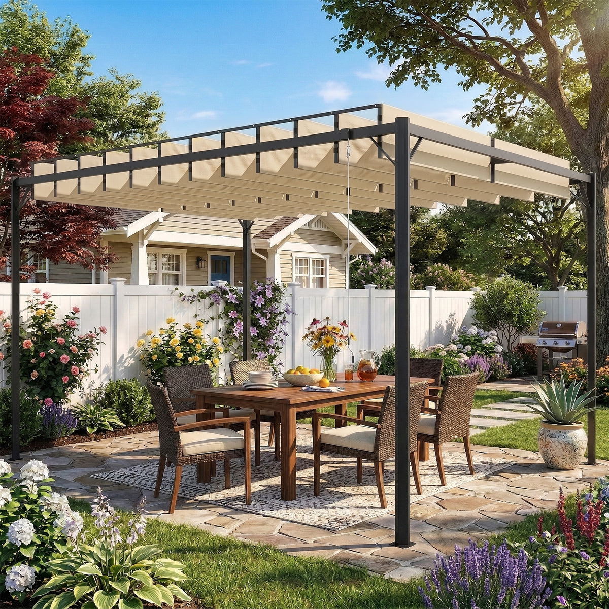Outsunny Pérgola De Jardín 3x4 M Con Techo De Lamas Orientables Upf50+ Crema_1