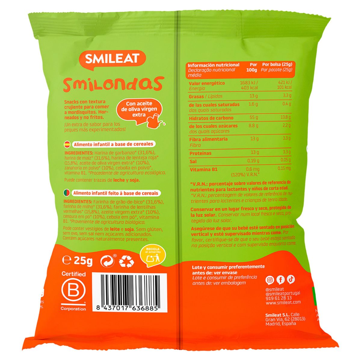 Smilondas Snack de Maiz, garbanzo, lenteja y Zanahoria Eco Smileat 25 g