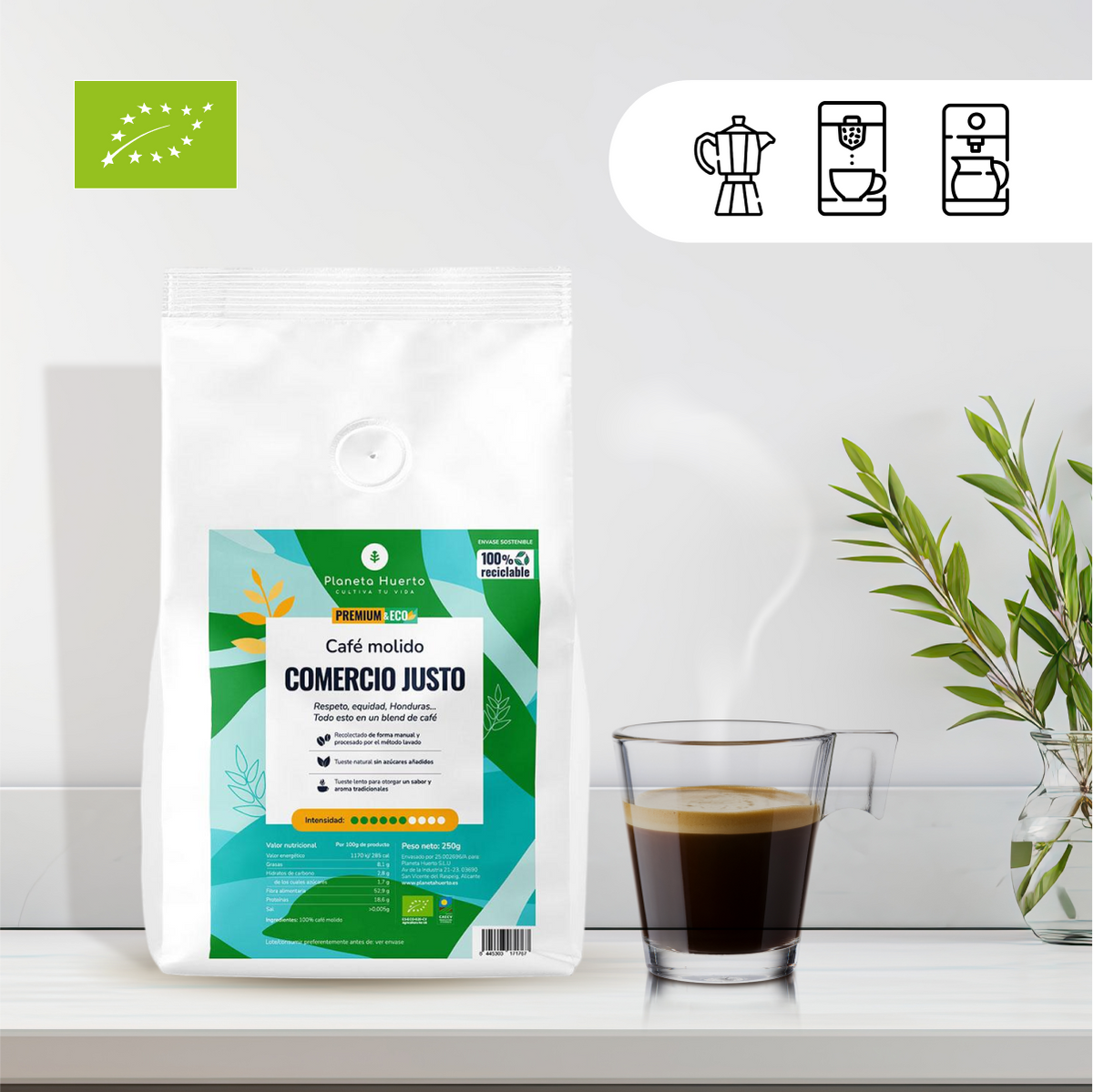 Café molido Eco Honduras comercio justo Planeta Huerto 250 g