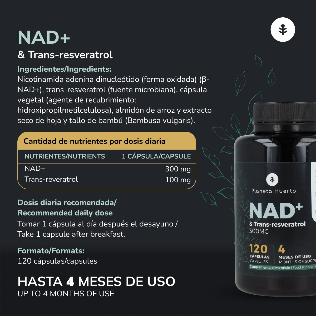 NAD+ Transresveratrol Planeta Huerto 120 cápsulas