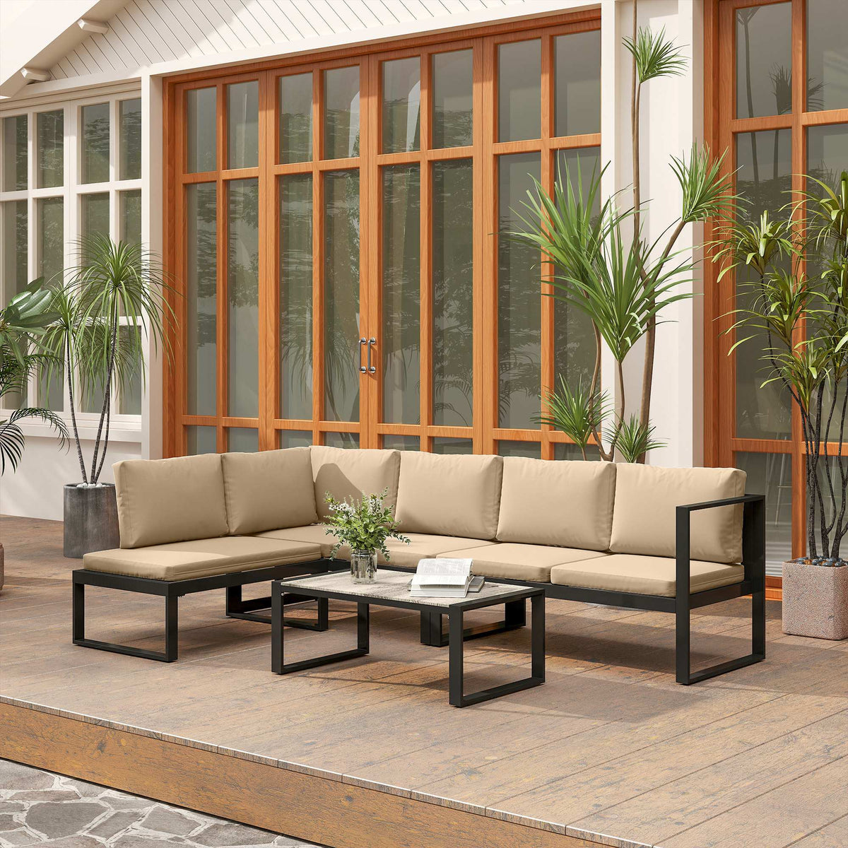Outsunny Conjunto De Jardín Exterior 2 Sofás De 2 Plazas 1 Sillón Y Mesa Caqui_1