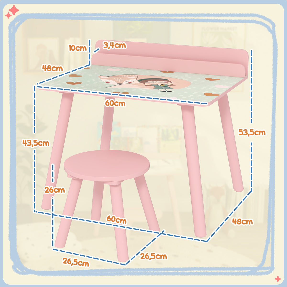 Mesa E Cadeira Para Crianças Aiyaplay Mdf E Madeira De Pinho Rosa 60x48x53,5 Cm_2