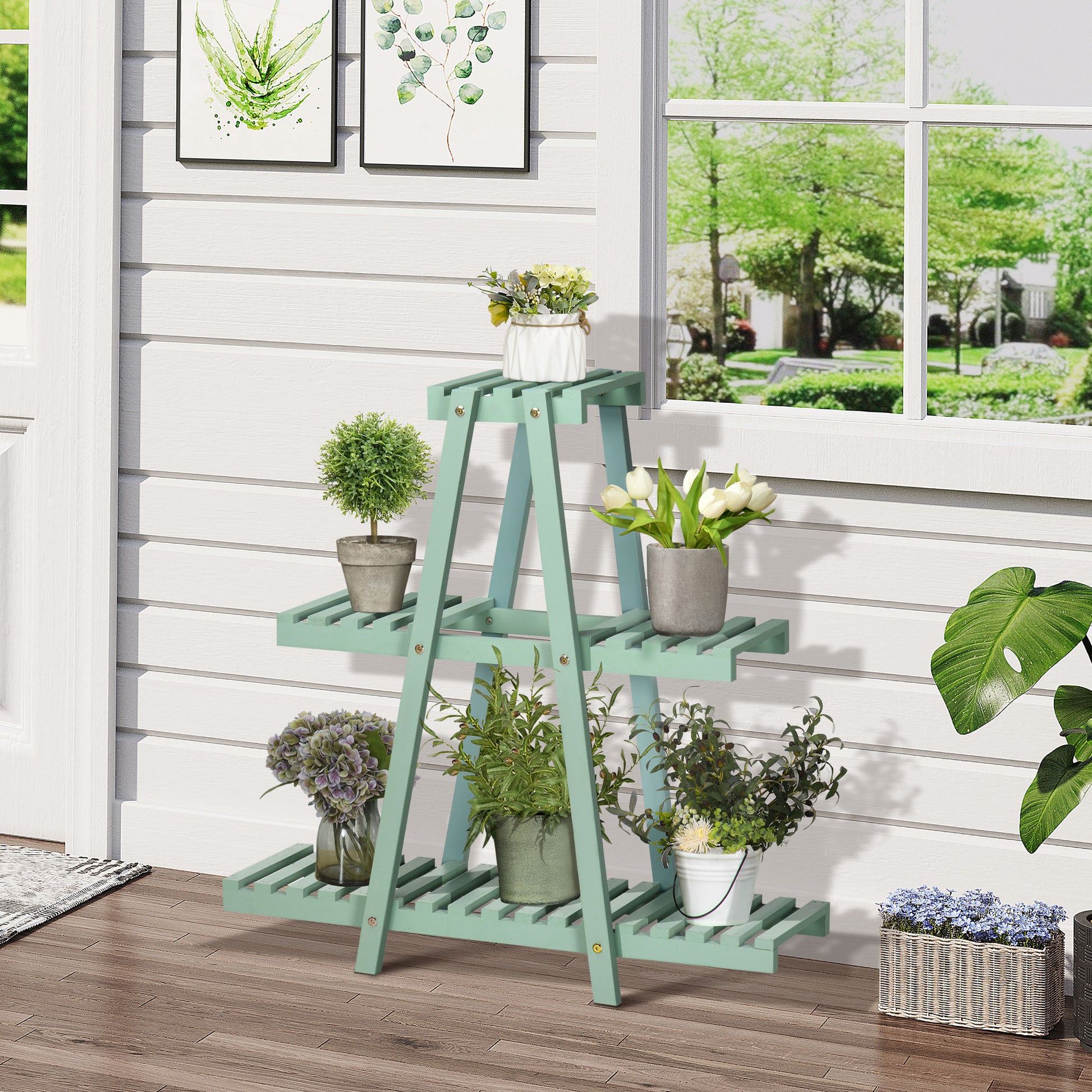 Outsunny Soporte De Madera Para Plantas 3 Niveles Interior Exterior 76x26x76 Cm_1