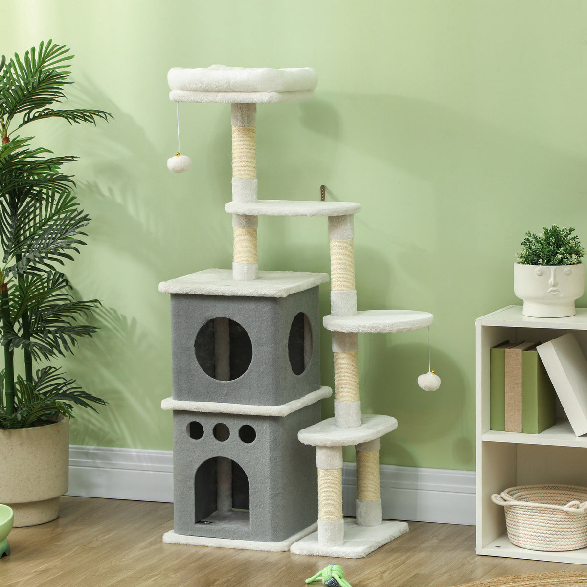 Pawhut Árbol Rascador Para Gatos 126 Cm Con Plataformas Bolas Colgantes Crema_1
