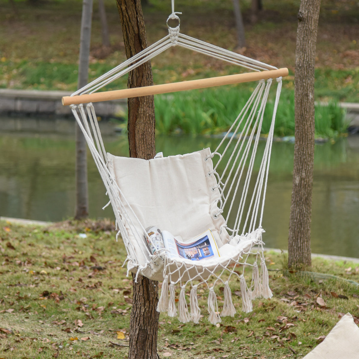 Outsunny Silla Colgante Con Borlas Carga 120 Kg Para Interior Y Exterior Blanco_1