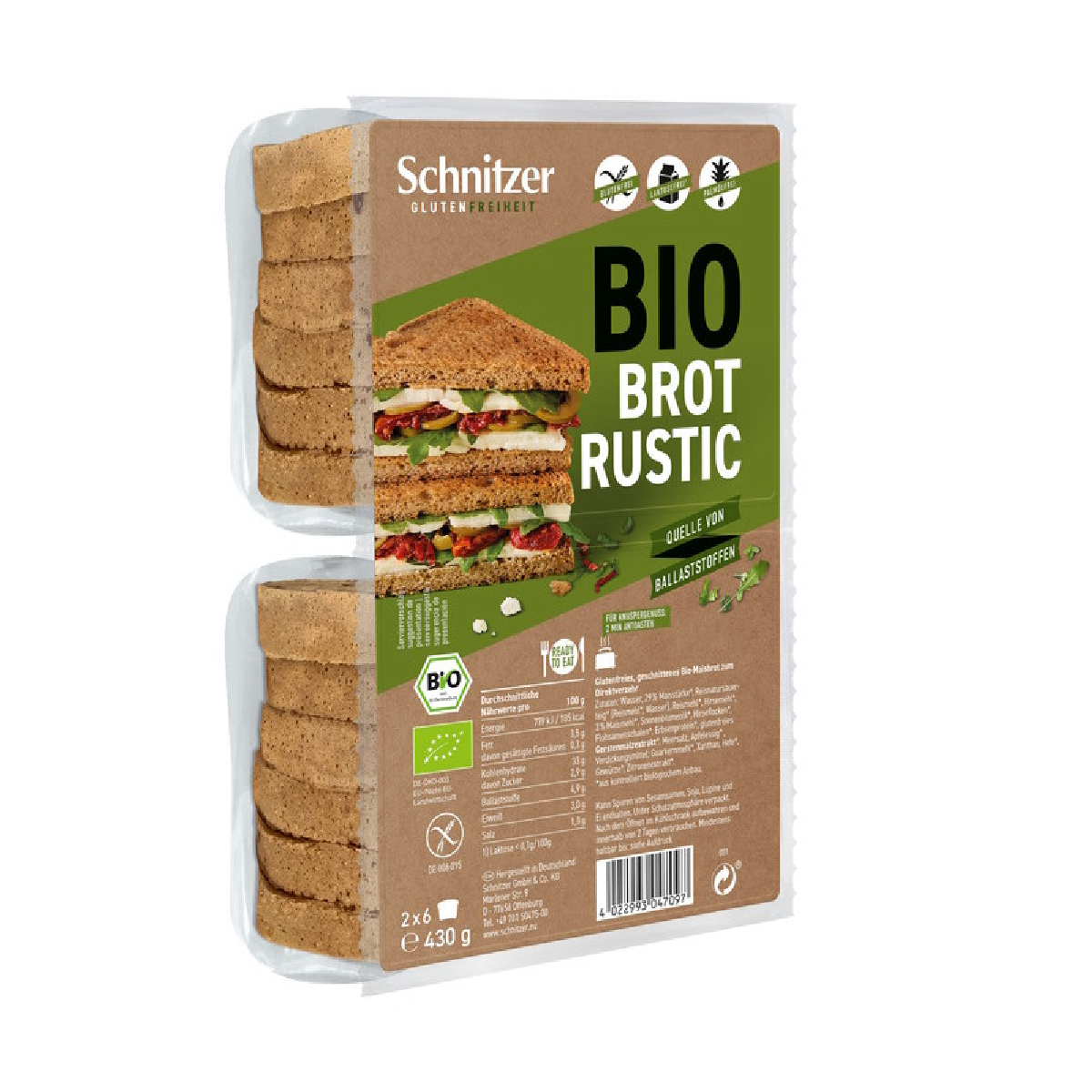 Pan de molde Rebanadas de Maíz Ecológico Sin gluten Schnitzer 430 g