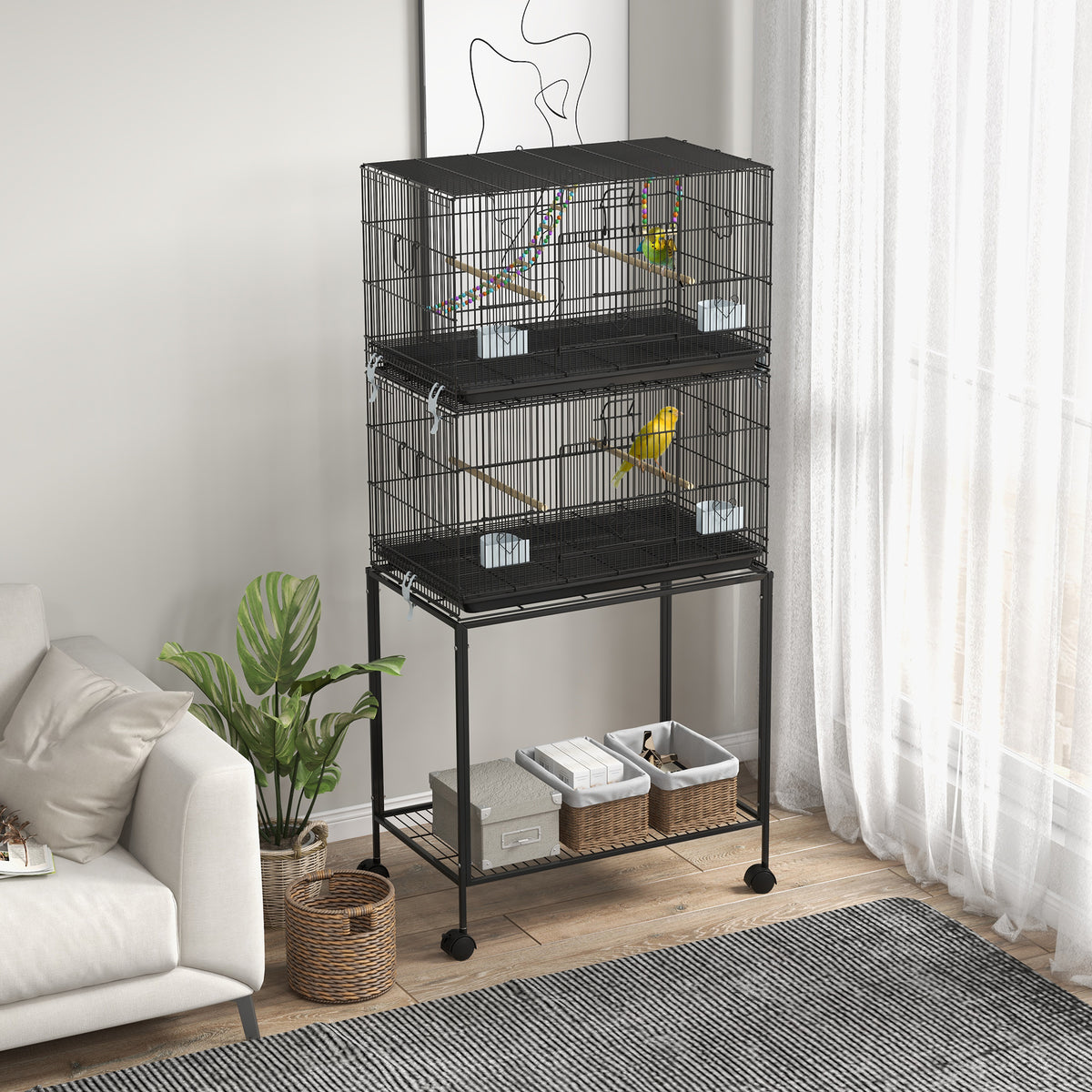 Pawhut Jaula Para Pájaros Doble Apilable 77x46x164 Cm Con Ruedas Negro_1