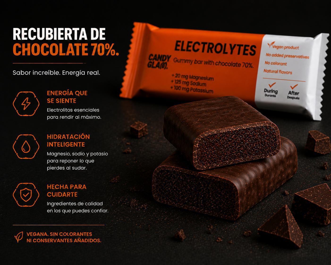 Candyglam Electrolitos | Gummy Bar Vegana Con Chocolate 70% | Magnesio, Sodio Y Potasio | Pack 24 Barritas_4