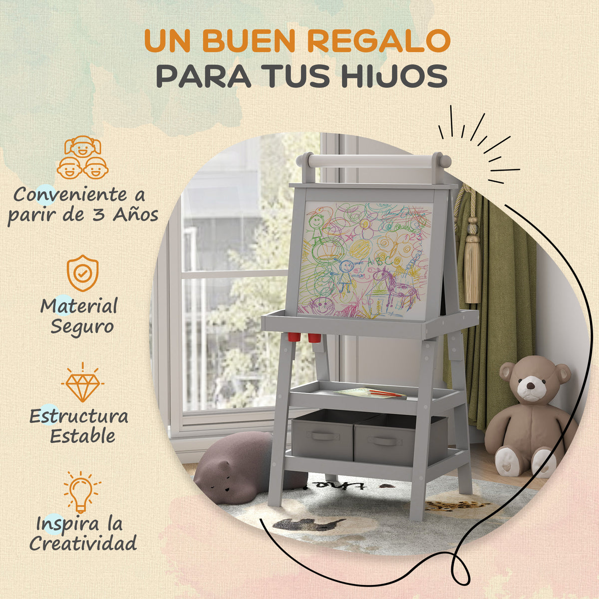 Aiyaplay Pizarra Infantil 3 En 1 Con Rollo De Papel Y Cestas De Almacenaje Gris_5