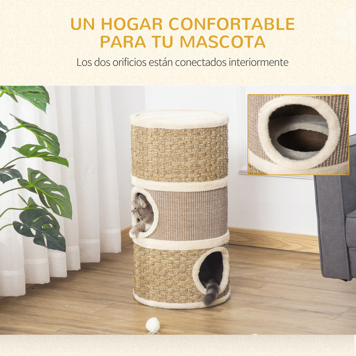 Pawhut Barril De Rascado Para Dormir Y Jugar Cama Cómoda Rascador De 3 Niveles_3