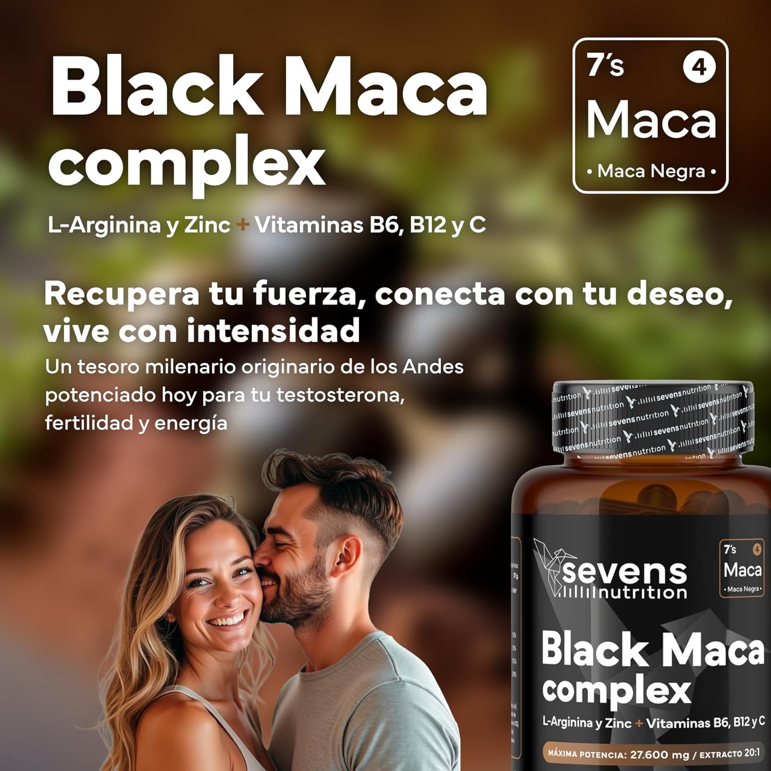 Maca Negra con L Arginina Zinc y Vitaminas B6 B12 y C Sevens Nutrition 180 cápsulas