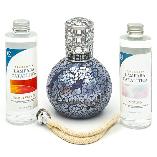 Pack Lámpara Catalítica Mosaico Azul Océano + Fragancia Peach Velvet 200ml + Limpiador Neutro 200ml + Mecha De Repuesto_0