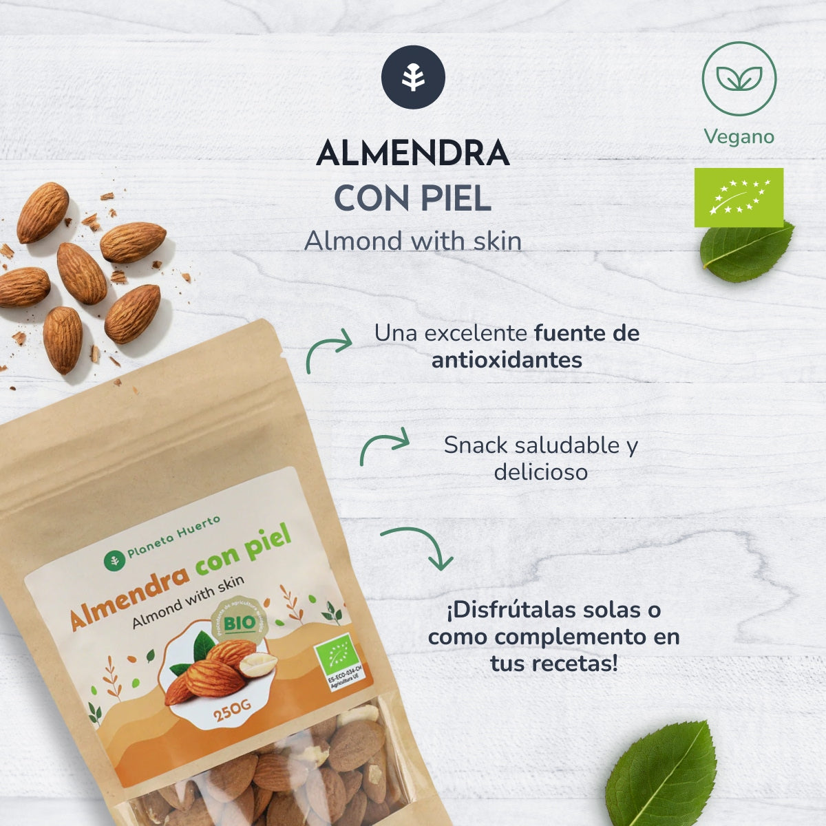 Almendra natural con piel ECO Planeta Huerto 250 g