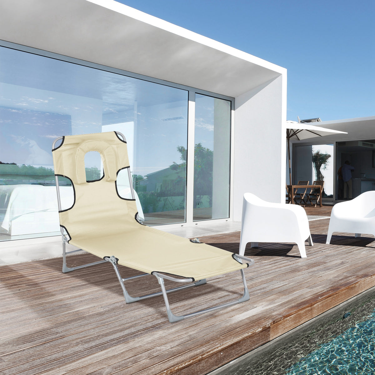 Outsunny Tumbona Reclinable Y Plegable De Jardín Con Respaldo Ajustable Beige_1