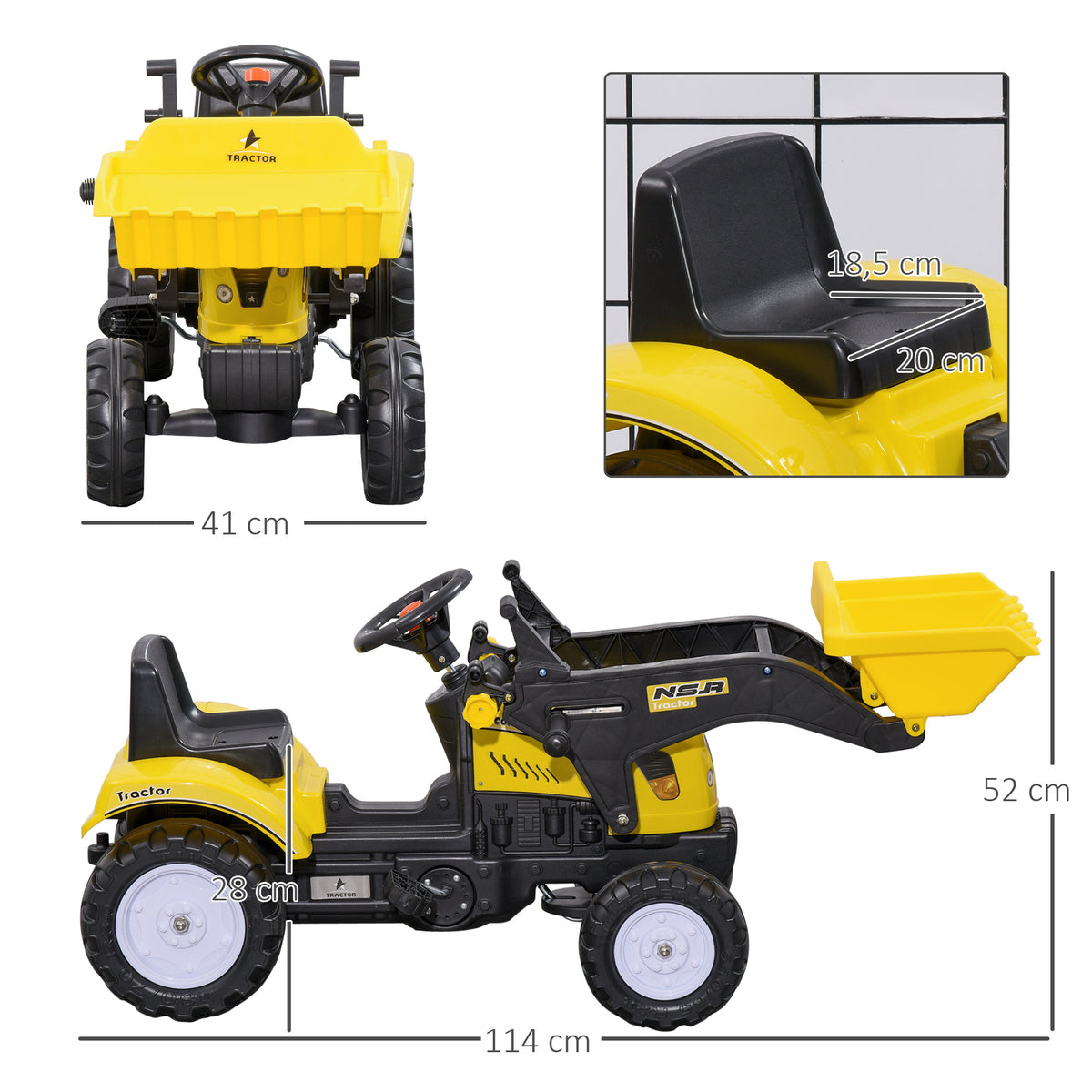 Homcom Tractor A Pedales Para Niños 3 Años Pala Delantera 114x41x52 Cm Amarillo_2