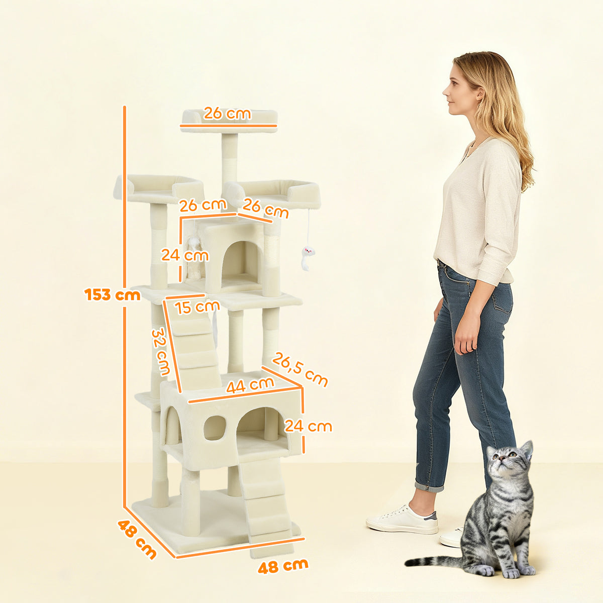 Pawhut Árbol Rascador Para Gatos 153 Cm Con 2 Cuevas 3 Camas 2 Rampas Crema_2