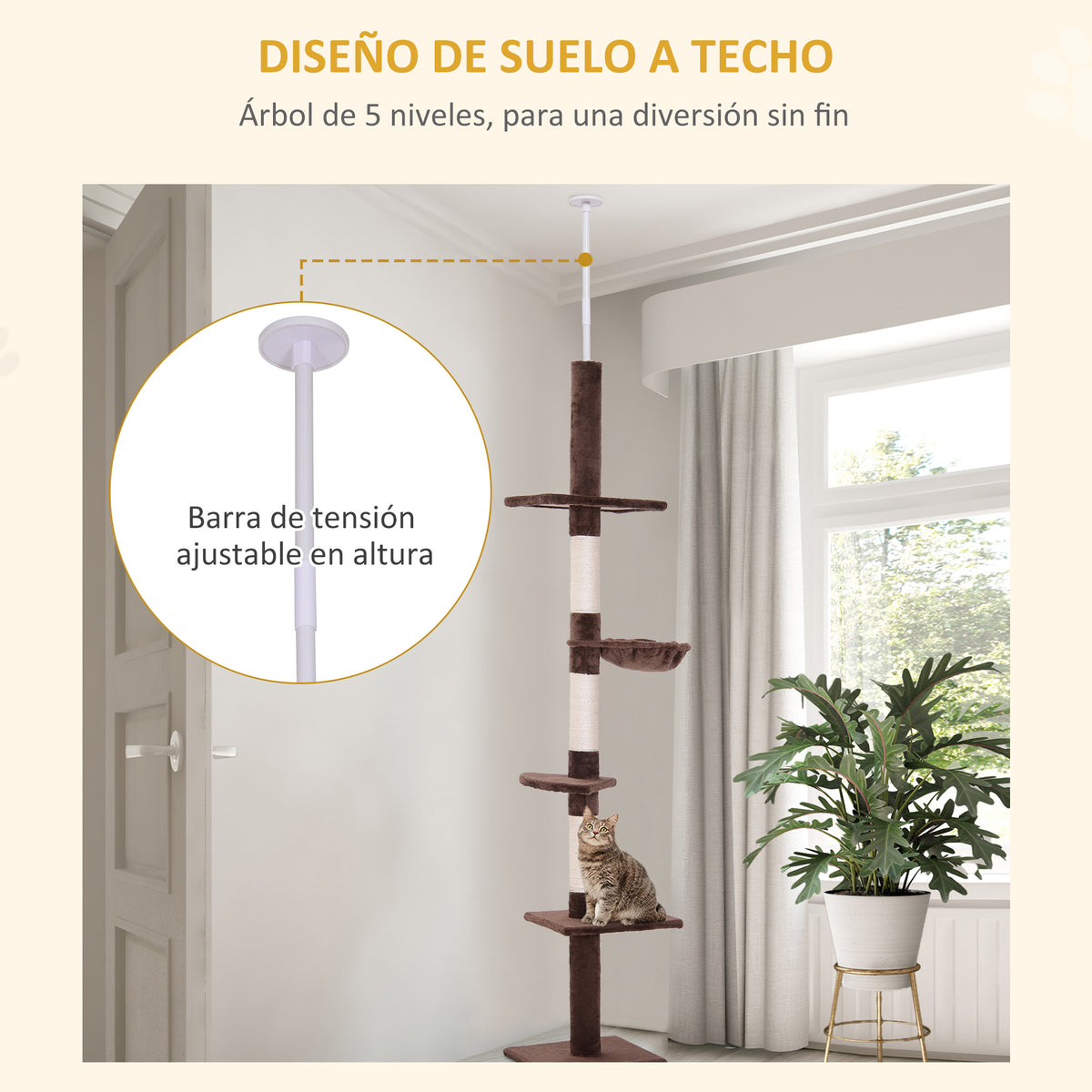 Pawhut Árbol Para Gatos De Suelo A Techo De 230-260 Cm Con Plataformas Marrón_4
