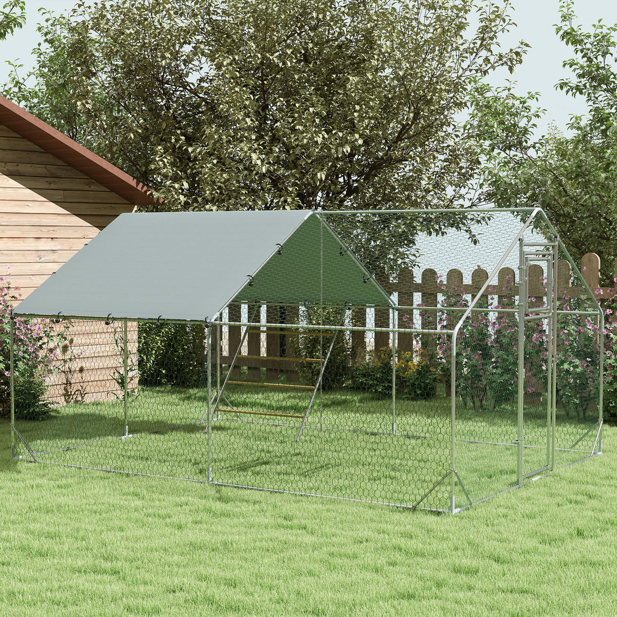 Pawhut Gallinero Para Exterior 3x4x2 M Con Comedero Colgante Tipo Brocheta Plata_1